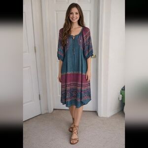 Sundance Boho Midi Dress Medium Teal Pink Paisley 3/4 Sleeve Festival Bohemian
